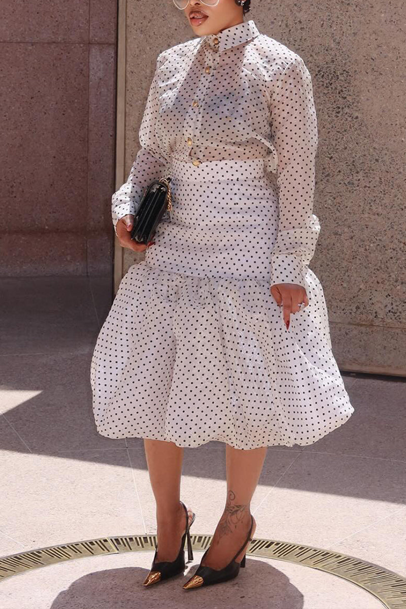 Women's Elegant Polka Dot Blouse Balloon Hem Skirt Set