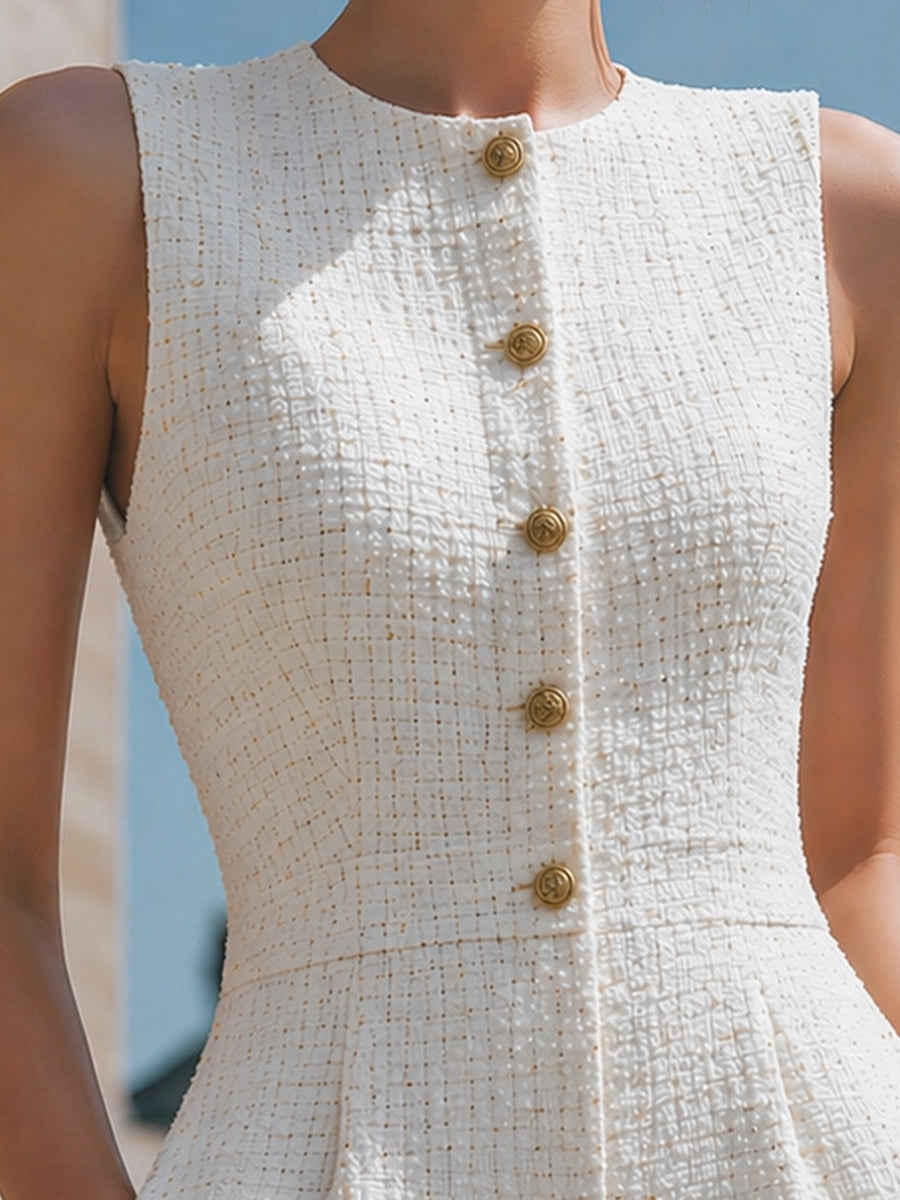 Sleeveless Bouclé Button-Front Tailored Short Jumpsuit
