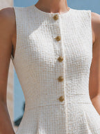 Sleeveless Bouclé Button-Front Tailored Short Jumpsuit