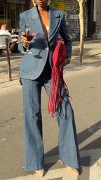 Denim Blazer & Flared Trouser Suit Set