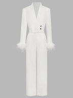 Women White Feather-trimmed Buckle Mock Neck Long Sleeve Dressy Jumpsuit