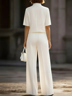 Ivory Stand Collar Split Neck Blouse & Wide-Leg Pants Two-Piece Suit