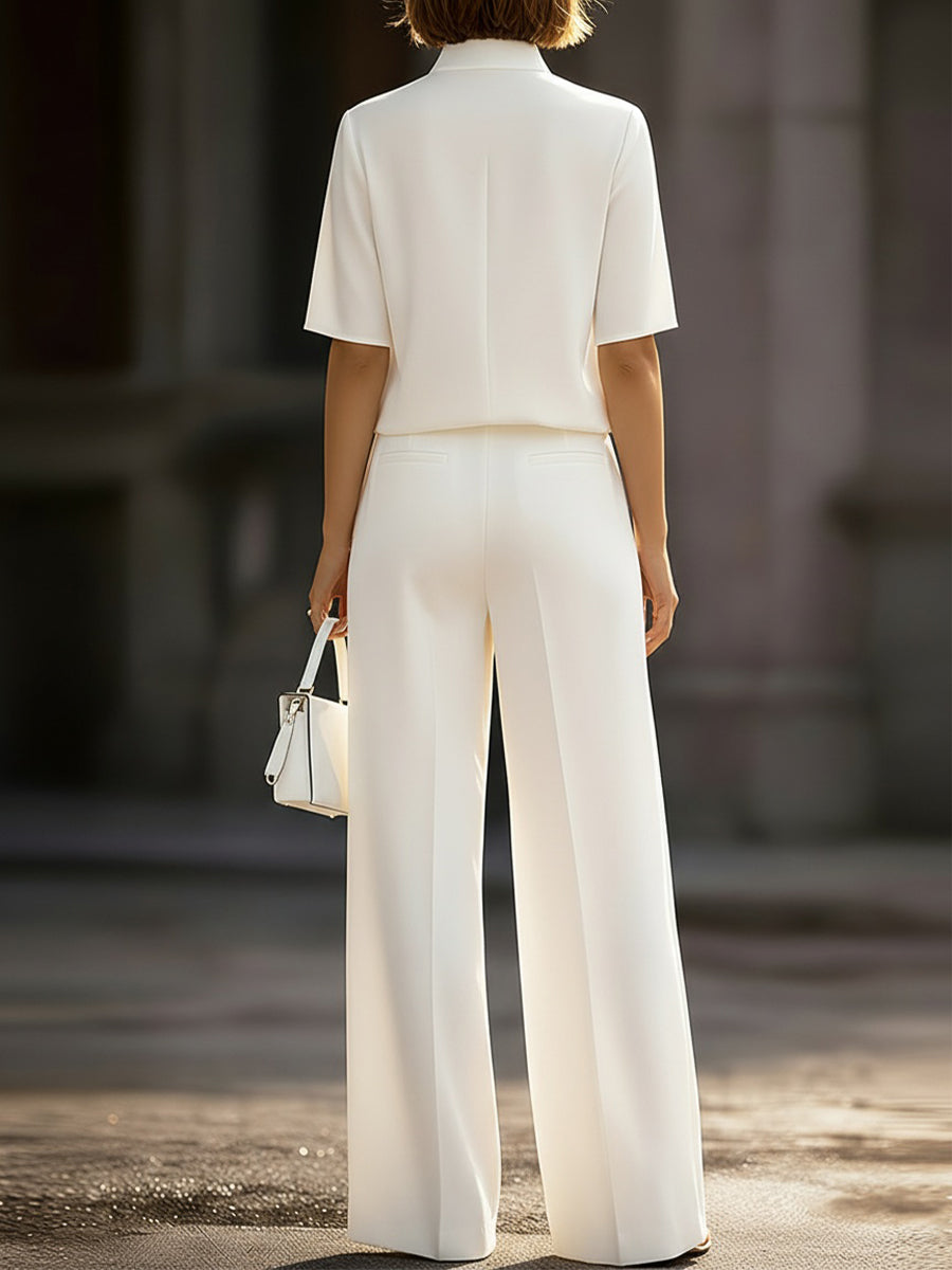 Ivory Stand Collar Split Neck Blouse & Wide-Leg Pants Two-Piece Suit