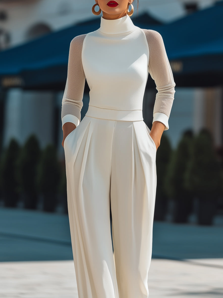 High Neck Sheer Sleeve Tailored Wide-Leg Jumpsuit