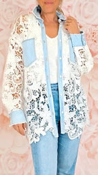 Light Blue Denim Patchwork Lace Hollow Out Shirt Jacket