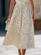 Timeless Sleeveless Polka Dot Midi Dress With Gathered Waist