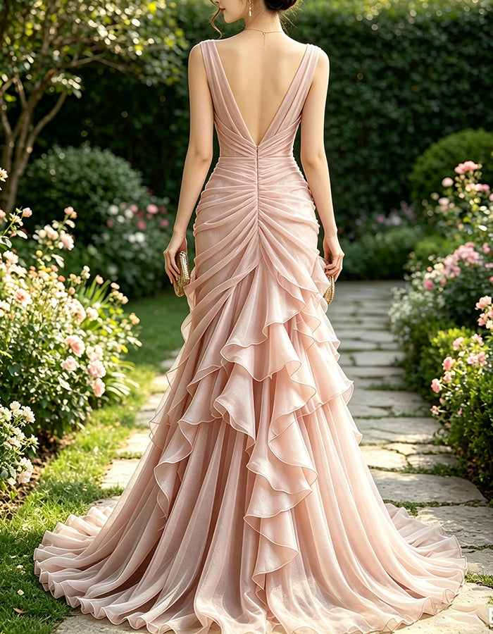 Pink V Sleeveless Side Multi Tier Ruffle Cross Ruched Chiffon Maxi Dress