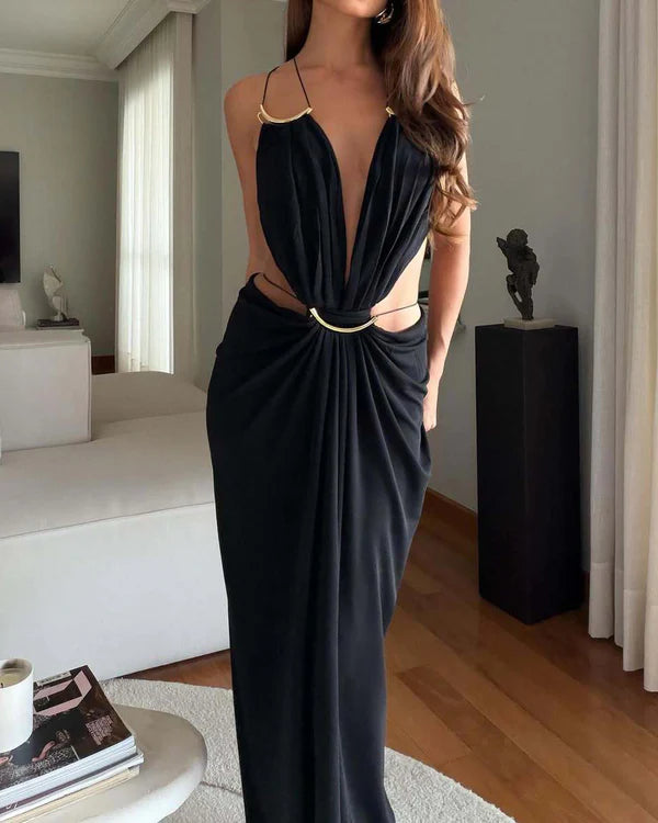 Olive Cutout Metal Hardware Halter Maxi Gown