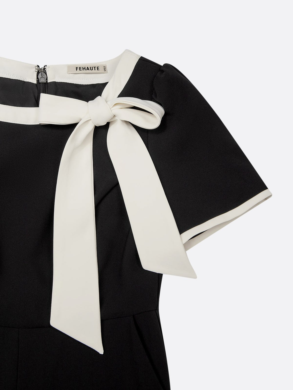 Women Black Bow Tie Neck Short Sleeve Dressy Jumpsuit