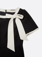 Women Black Bow Tie Neck Short Sleeve Dressy Jumpsuit