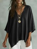 Women’s Loose Fit V-Neck Denim Shirt – Casual Relaxed Chambray Top