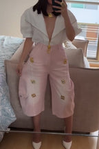 Women Large Collar Zipper Shirt or Washed Metal Decorative Wide Leg Pants