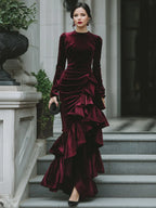 Long Sleeve Ruffled Tier Evening Gown