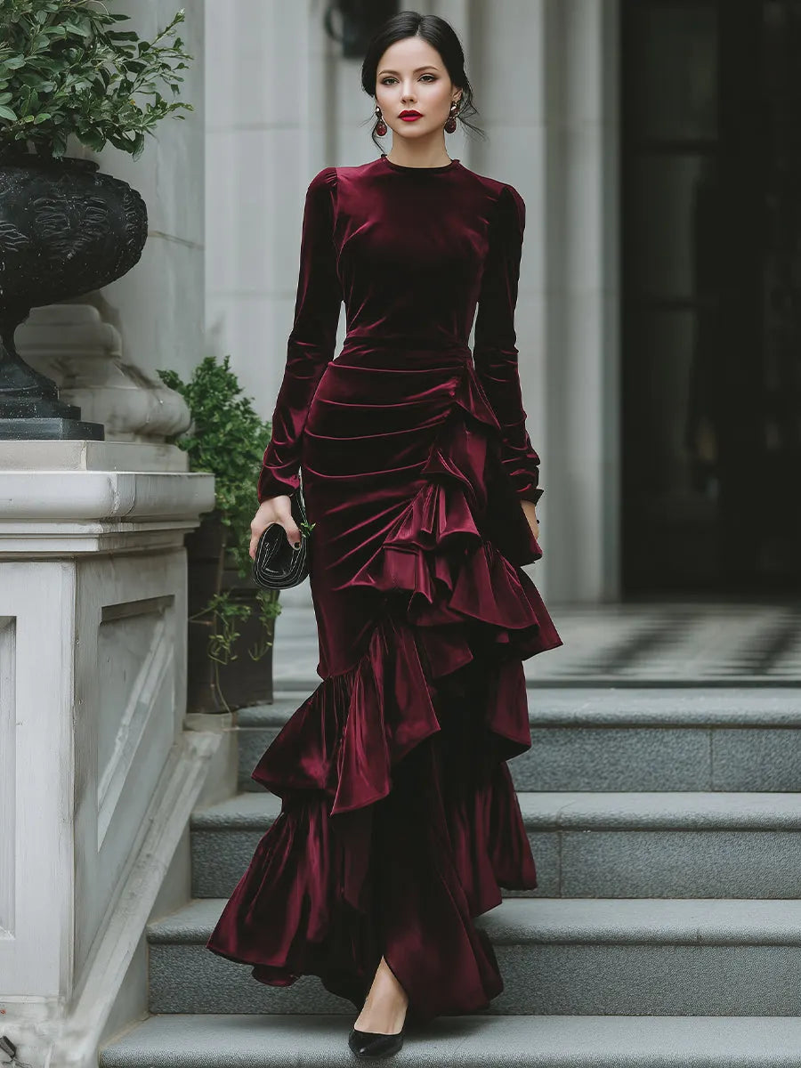 Long Sleeve Ruffled Tier Evening Gown