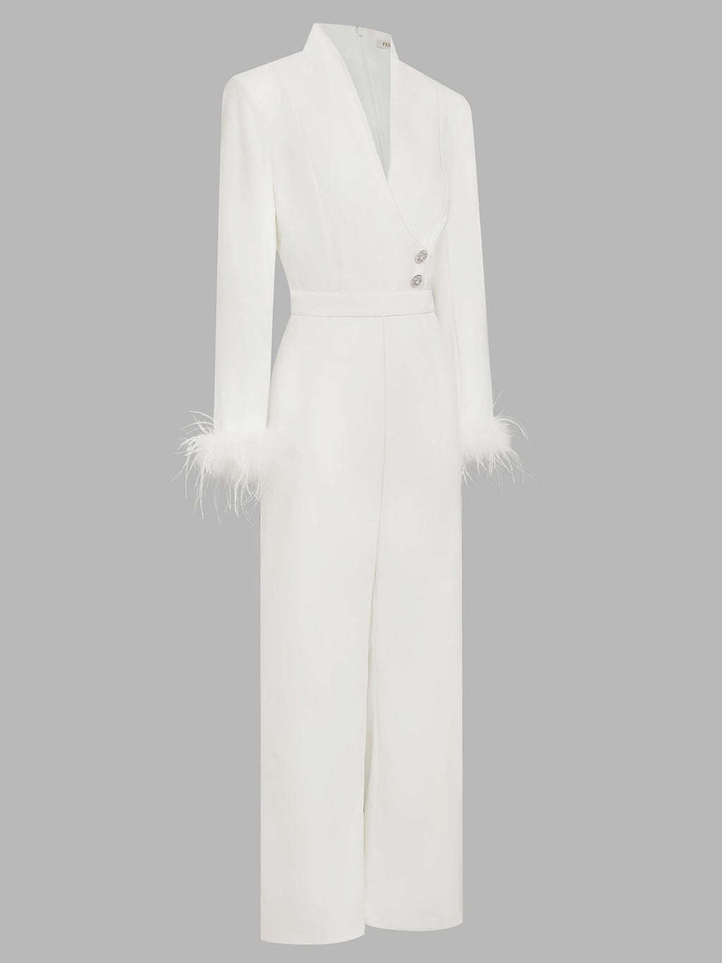 Women White Feather-trimmed Buckle Mock Neck Long Sleeve Dressy Jumpsuit