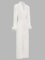 Women White Feather-trimmed Buckle Mock Neck Long Sleeve Dressy Jumpsuit