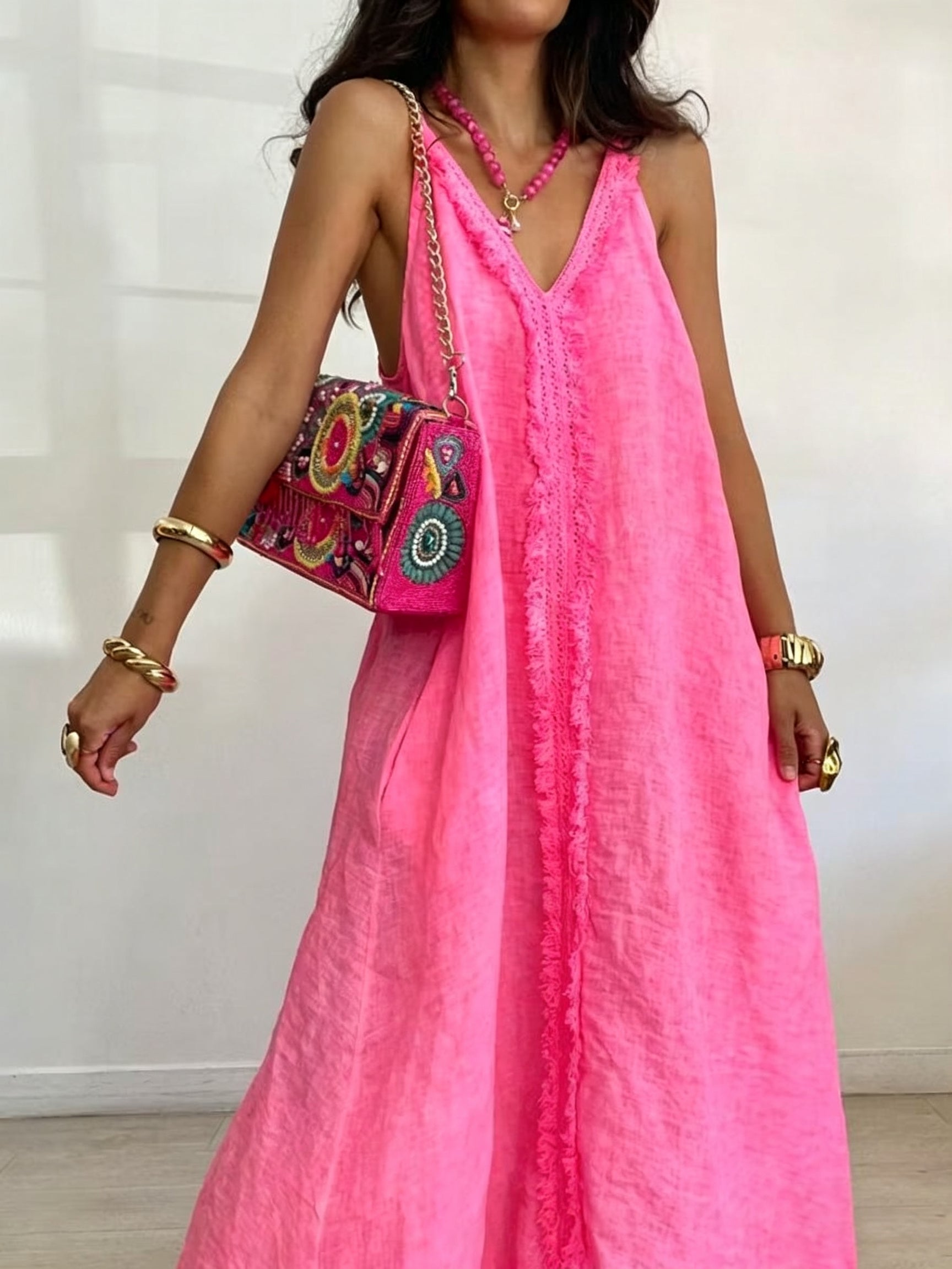 Linen Spaghetti Strap Boho Maxi Dress