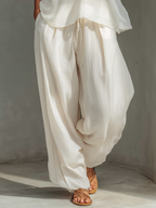 Women's Cream Two-Piece Set With Semi-sheer Chiffon Sleeveless Top & Cotton And Linen Blend Drawstring Wide-Leg Trousers MDZ1039C4T