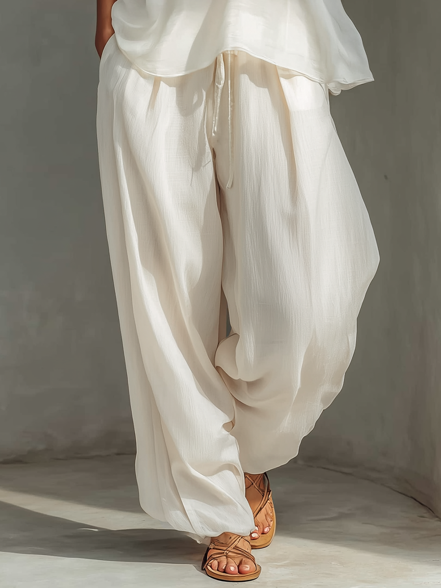 Women's Cream Two-Piece Set With Semi-sheer Chiffon Sleeveless Top & Cotton And Linen Blend Drawstring Wide-Leg Trousers MDZ1039C4T