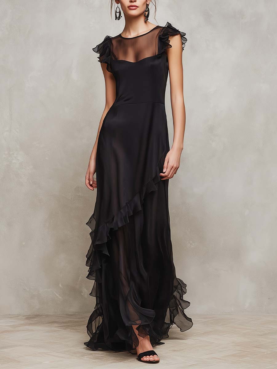 Black Layered Sheer Chiffon Ruffle-Trim Maxi Dress