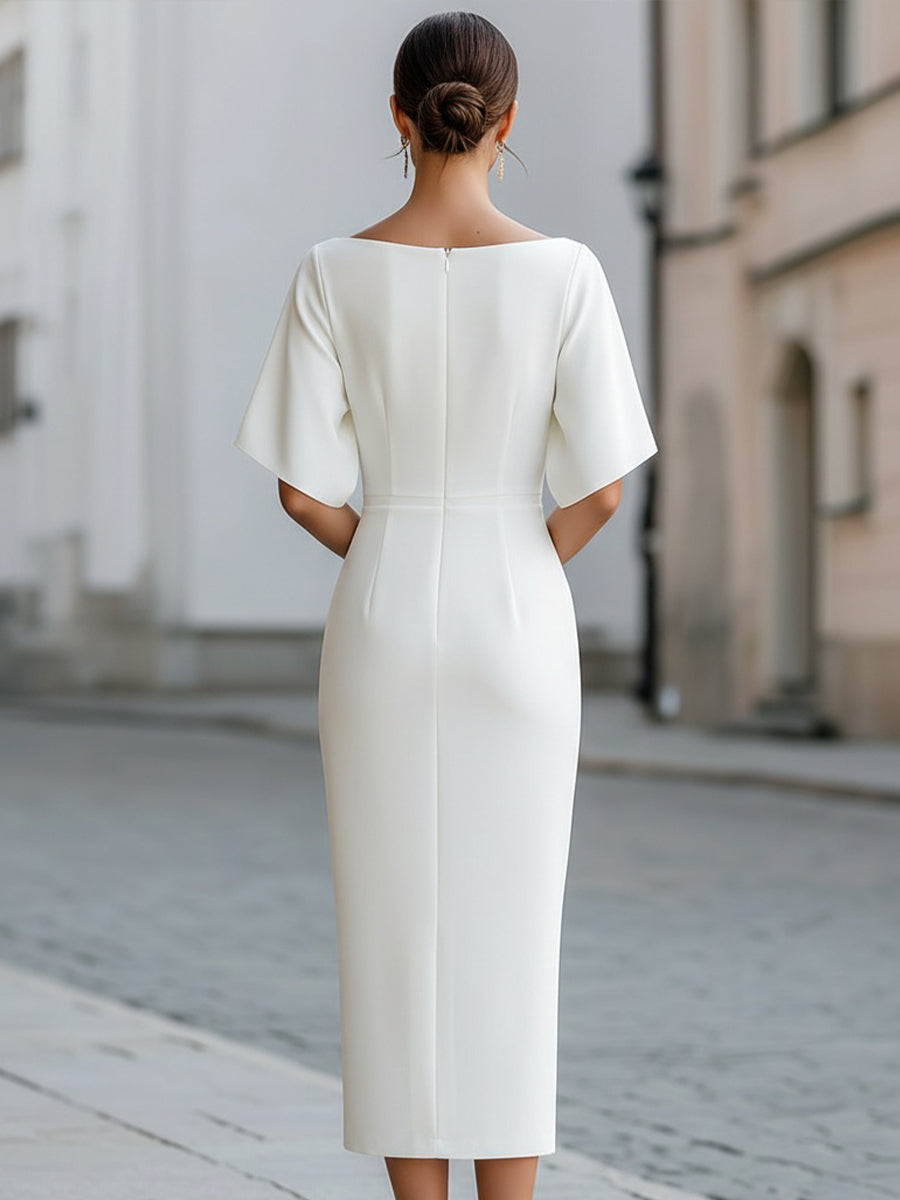 Boat Neck Short Sleeve Tailored Midi Dress