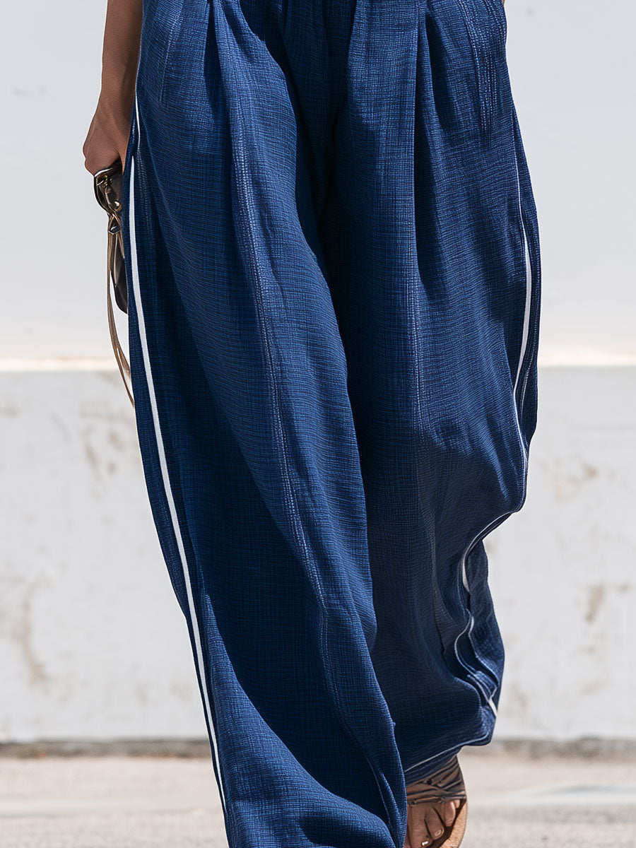 Retro-style Casual Color-blocked Blue Cotton Linen Vest And Pants Set