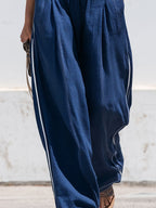 Retro-style Casual Color-blocked Blue Cotton Linen Vest And Pants Set