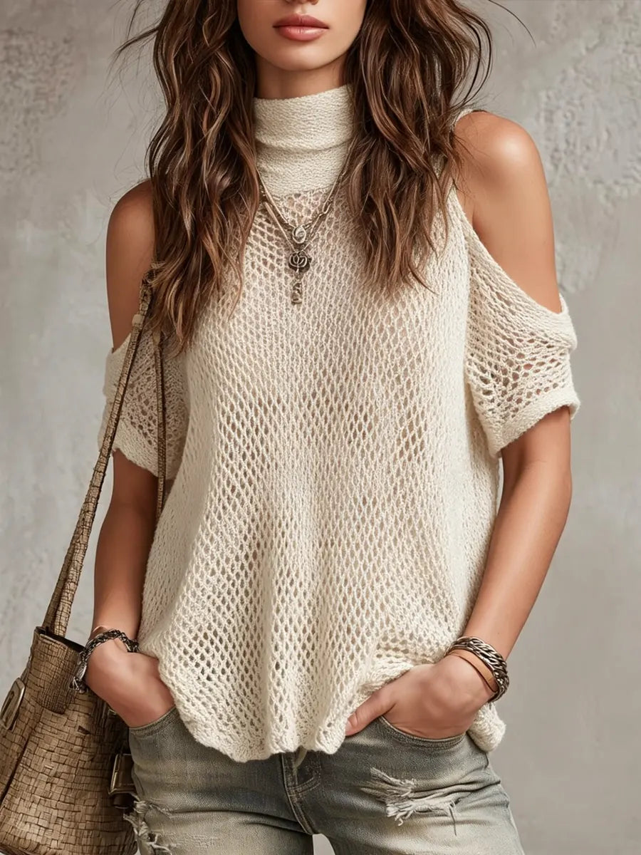 Women's Casual Off-Shoulder Hollow Out High Neck Knit Sweater