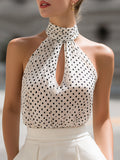 White & Black Polka Dot Halter Neck Keyhole Chiffon Top
