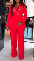 Women V-neck Hot Diamond Blazer + Pants Temperament Commuting Suit