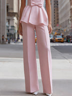 Strapless Peplum Bow Top And Tailored Wide-Leg Pants Set