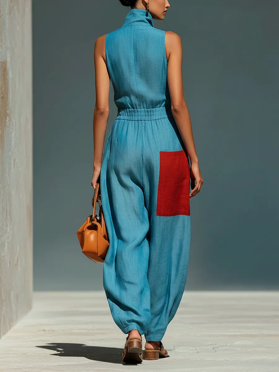 Women’s Blue Linen-Blend Sleeveless Jumpsuit With Red Patch Pockets & Half-Zip Stand Collar MDZ0982E4T