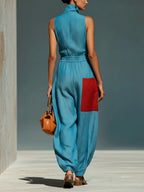 Women’s Blue Linen-Blend Sleeveless Jumpsuit With Red Patch Pockets & Half-Zip Stand Collar MDZ0982E4T