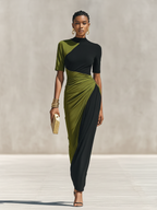 Women's Black & Olive Green Color-Block Jersey Maxi Dress With High Neck & Waist Ruched Detail, Elegant Bodycon Evening Dress MDZ0948F9LYL