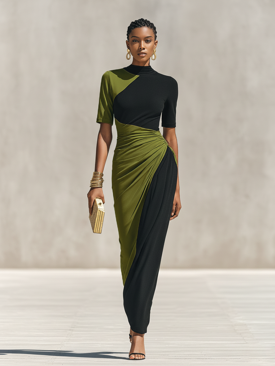 Women's Black & Olive Green Color-Block Jersey Maxi Dress With High Neck & Waist Ruched Detail, Elegant Bodycon Evening Dress MDZ0948F9LYL