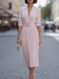 V-Neck Pleated Belted Midi Dress