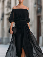 Off-Shoulder Pleated Chiffon Maxi Dress