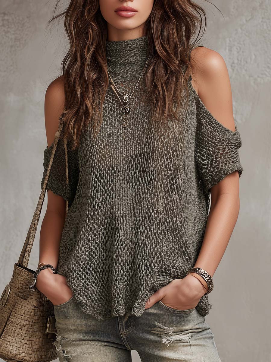 Women's Casual Off-Shoulder Hollow Out High Neck Knit Sweater