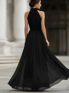 Black Halter Neck Pleated Chiffon Maxi Dress