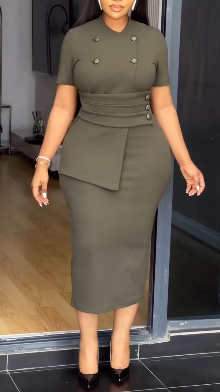 Women Round Neck Double Breasted Spliced Waist Cinching Commuting Dress with Temperament
