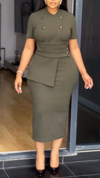 Women Round Neck Double Breasted Spliced Waist Cinching Commuting Dress with Temperament
