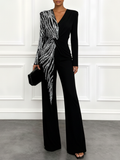 Women Black Sequin V Neck Long Sleeve Dressy Jumpsuit