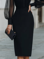 High-Neck Sheer Sleeve Tailored Midi Dress