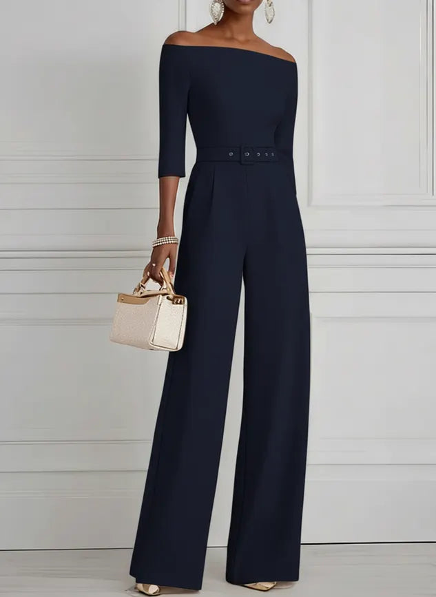 Women Navy Blue Off The Shoulder Half Sleeve Dressy Jumpsuit With Pockets