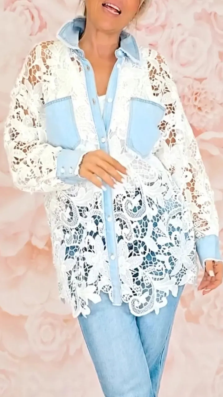 Light Blue Denim Patchwork Lace Hollow Out Shirt Jacket