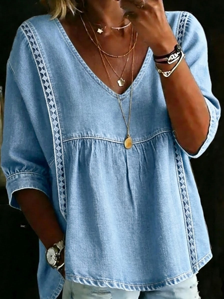 Casual Patchwork Lace Denim Top