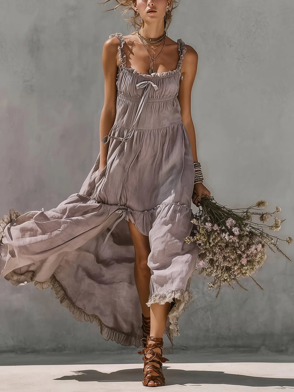 Purple lace-trimmed slit camisole maxi dress