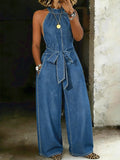Women's Print Casual 100% Cotton Denim High Collar Wide Leg Jumpsuit