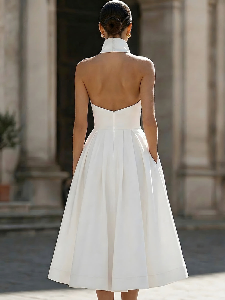 Structured Halter Collar A-Line Midi Dress