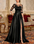 Black Illusion Lace 3/4 Sleeve High Slit Pocket Satin A-Line Maxi Dress